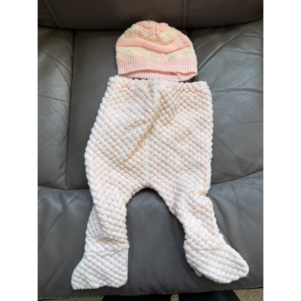 Handmade Crochet Baby Footed Pants and Beanie Hat Set Peach White Textured Knit